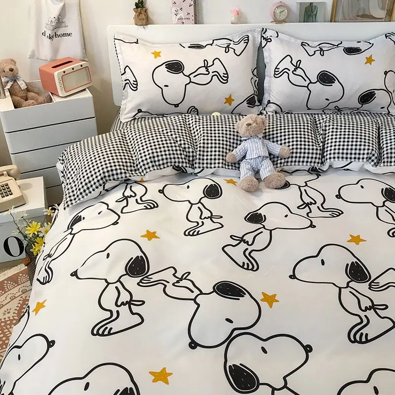 Snoopy Cotton Four-Piece Set Washed Cotton Bedding Anime Cartoon Ins Bed Sheets Student Dormitory Three-Piece Bedding Set