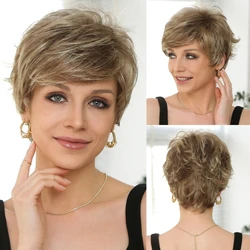 Marrom misto loira curto bob perucas para mulheres curto em linha reta pixie corte perucas com bang natural diário kanekalon peruca sintética feminina