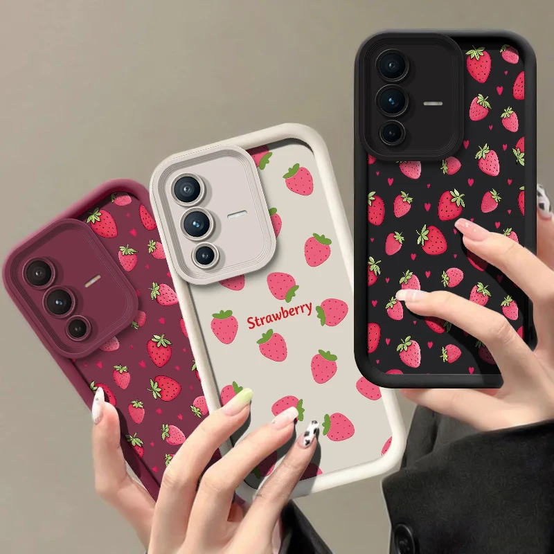 Silicone Phone Case For Vivo V70 FE V60 Lite V30 SE V30E V29 V27E V25 V23 V50 V40 Pro Strawberry Pattern Shockproof Soft Cover view 2