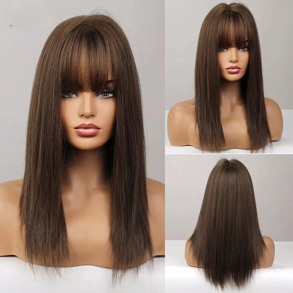 Natural Brown Bob with Bangs Long Straight Cosplay Daily  Wigs