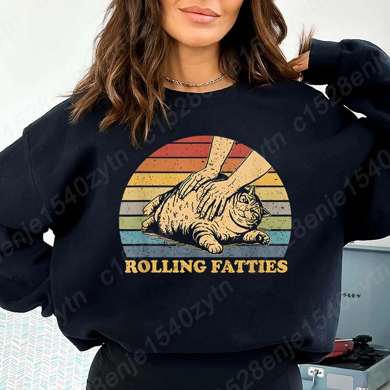 Retro Cat Rolling Fatties Sweatshirt Funny Cat Sweatshirts Cats Lover Gifts, Crew Neck Funny Graphic Women Oversized Sweatshirts