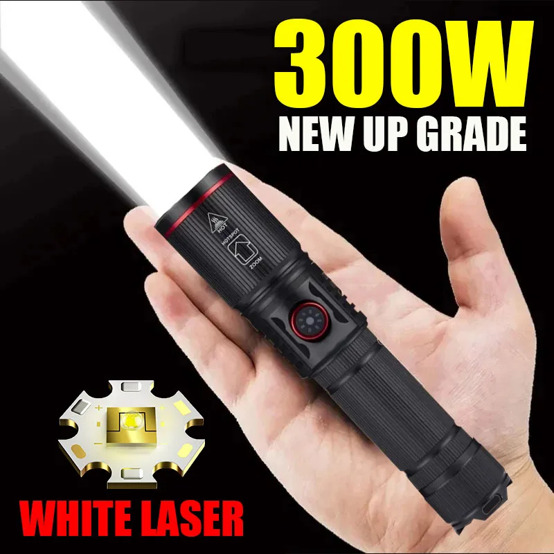 

300W Protable LED Flashlight Type-C Rechargeable Zoom Tactical Torch with Power Indicator Outdoor Emergency Long Range Lantern