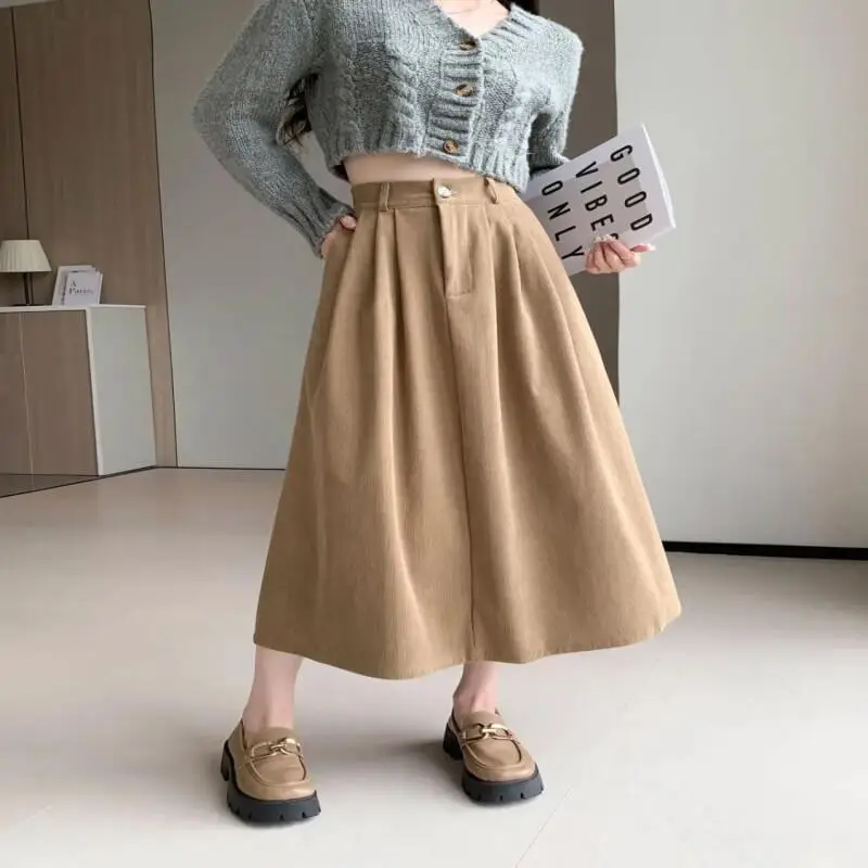 レトロコーデュロイスカート女性ハイウエストミディ A ラインプリーツスカートミニマリスト黒スカート女性のためのカジュアル秋冬ファッション