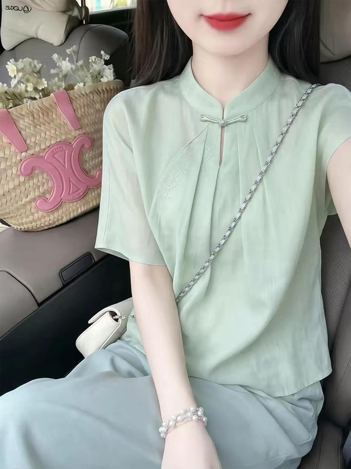 Elegant Short Sleeve Chinese Style Shirt Women's Summer Fashion Slimming Top Button up Casual Wear Polyester Cotton Blend