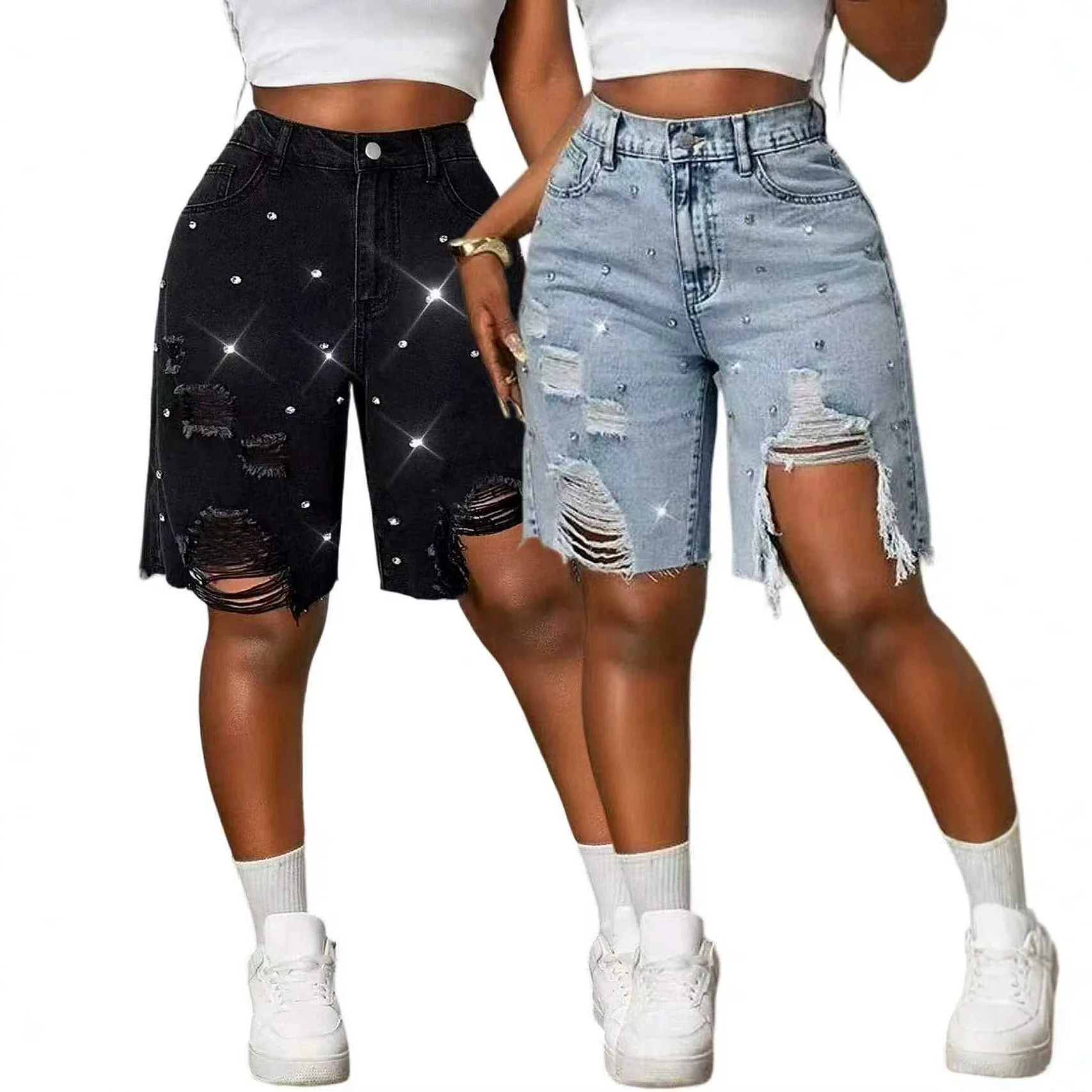 Spring Summer Women Loose Ripped Rhinestone Jeans Denim Pants