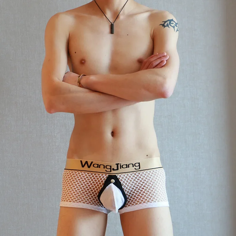 

Sexy Men's Boxy Underwear Gay Erotic Low-rise U Convex Pouch Boxer Shorts Sissy Mesh Breath See Through Open Crotch Hollow Trunk