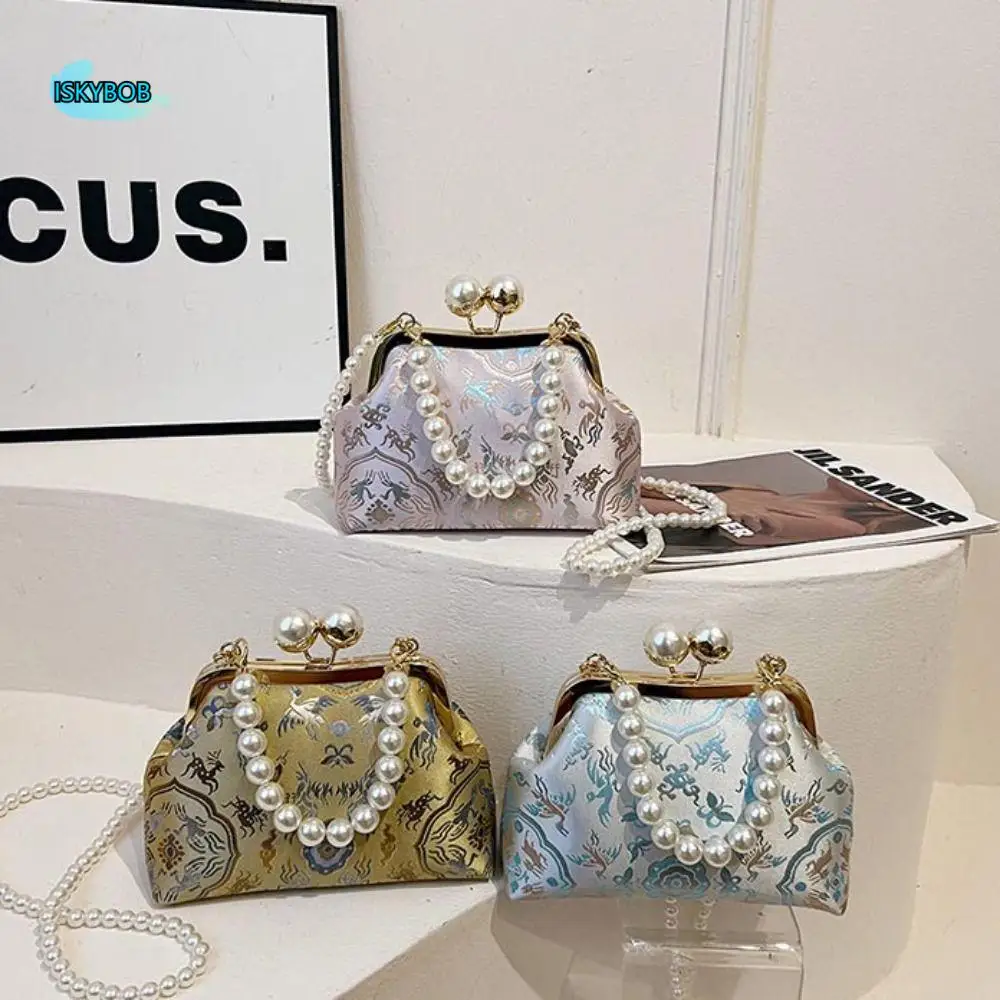 

Pearl Chinese Style Handbag Kiss Lock Cheongsam Accessories Embroidery Banquet Bag Elegant Shoulder Ladies Shell Bag Wedding