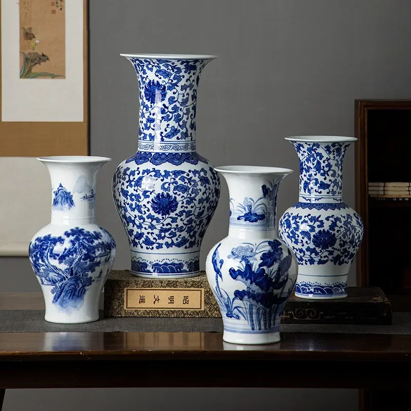 Jingdezhen Ceramic Antique Blue and White Porcelain Vase for Living Room Entrance Desktop Flower Arrangement High End
