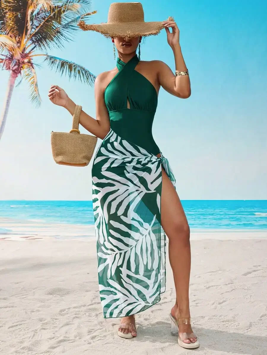 

Green Halter Neck One Piece Swimsuit With Leaf Print Skirt Cover Up For Beach Pool Summer