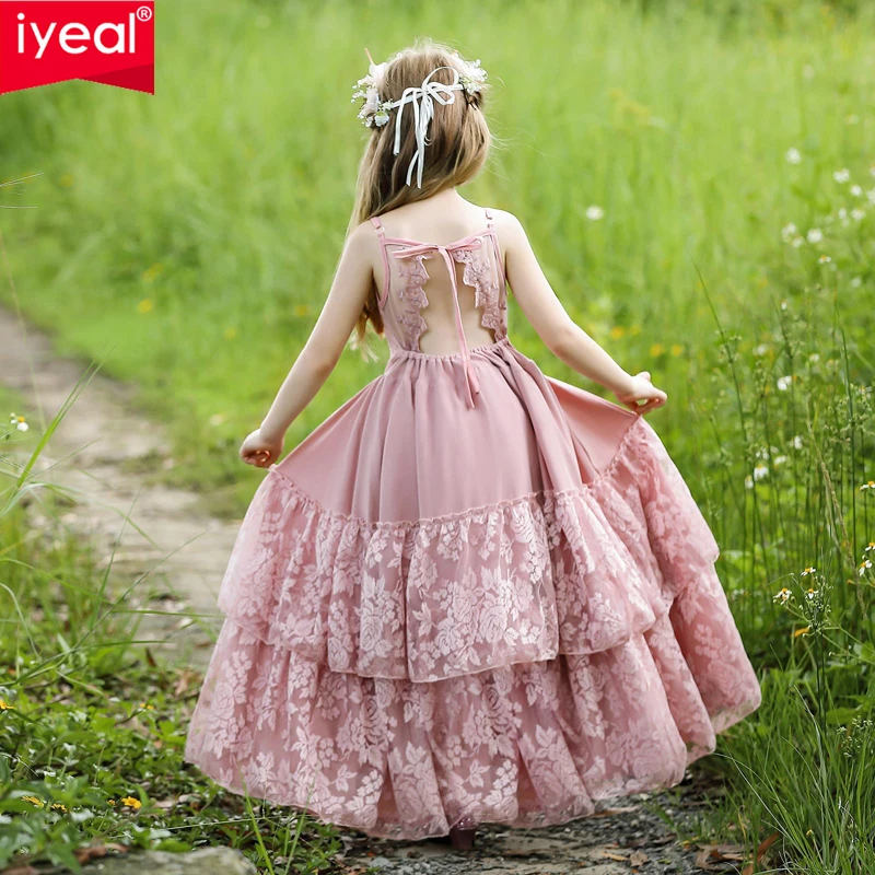 

IYEAL Girl's Pink Lace Long Dress Princess Dress Backless Suspender Evening Dress Beach Party Performance Host Dress