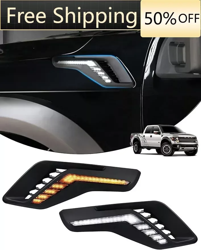 LED Front Fender Side Marker Lights for Ford F150 Raptor R Pickup Signal & White DRL Daytime Running Lamp Exterior Accessory