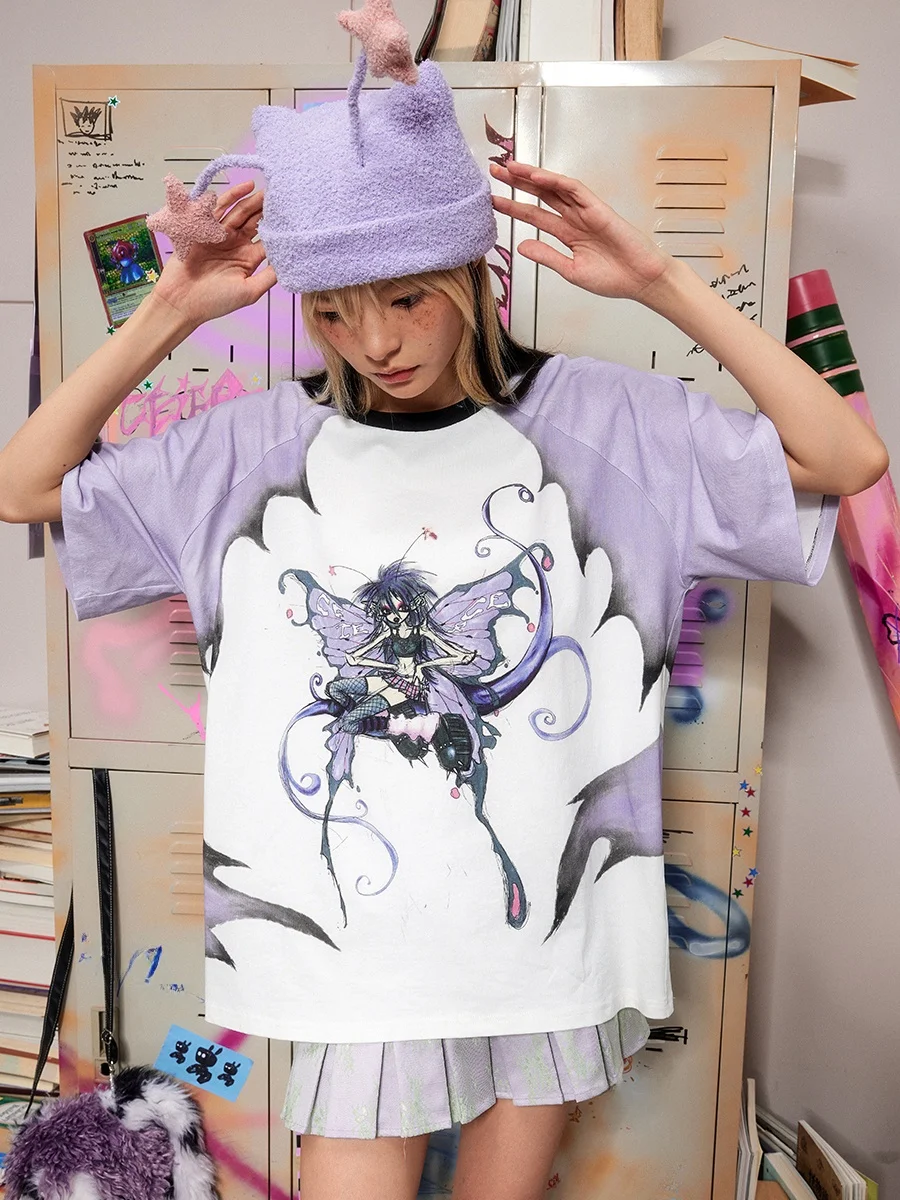 

Loose oulder Sve T-irt CFIERCE Fairy Print Women's Casual Cotton Summer Top round Ne ort Sve Tee
