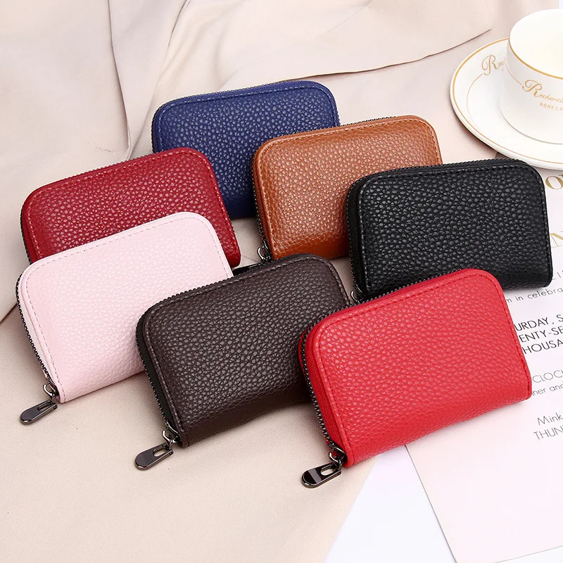 Genuine Leather Men Women Mini Short Wallet Cow Leather Coin Purse Solid Card Holder 20 Detents Card Slots Double Zipper Pocket