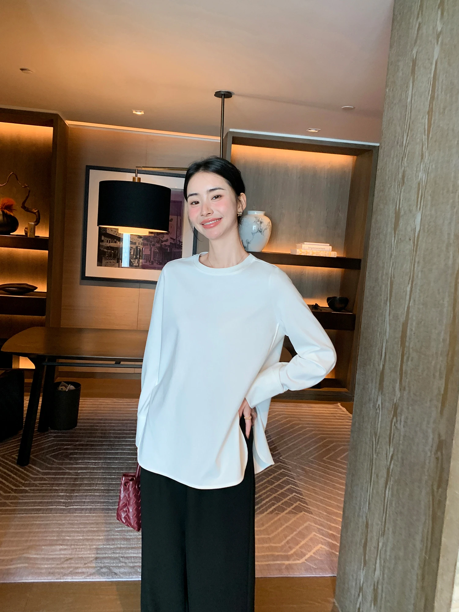 

Maven Lin Casual Loose Women's Long Sve T-irt Double Knit White Comfortable Breathable Faionable Top for Girls