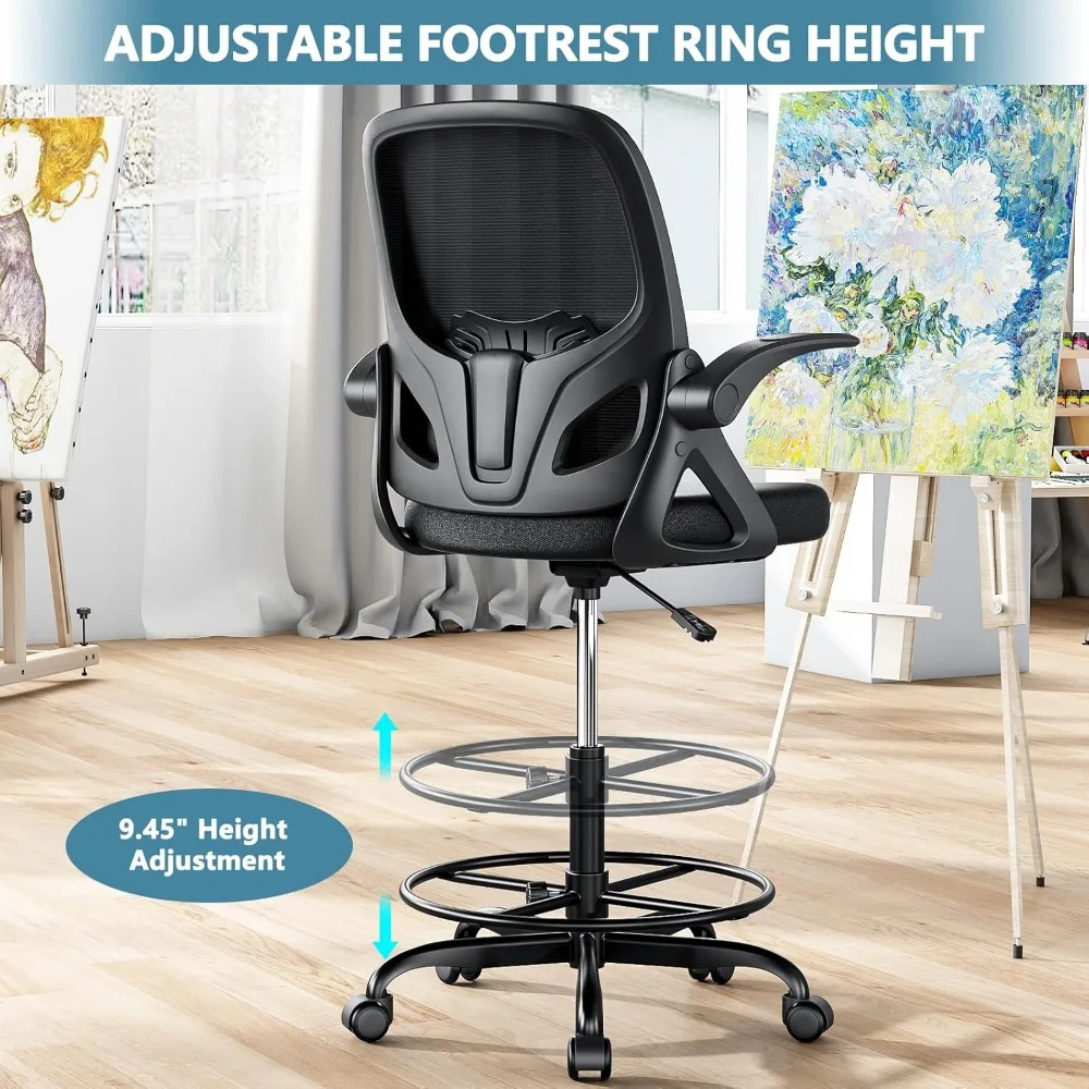 Silla de dibujo alta con anillo reposapiés para el hogar y el trabajo, silla ergonómica de escritorio para el hogar con brazos abatibles y soporte lumbar