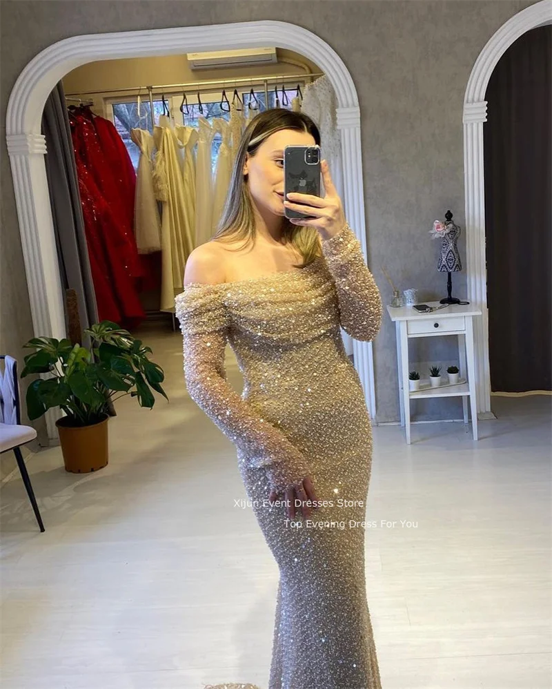 Xijun Glitter Mermaid Wedding Dress Sequined Bridal Gowns Prom Dresses 2023 Sleeves Off The Shoulder Wedding Party Dress Luxury