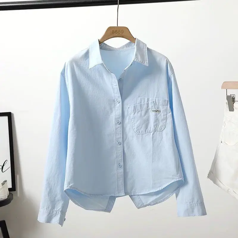 

100% чистый хлопок, голубая короткая хлопковая рубашка с разрезом сзади, весна-осень, новая повседневная свободная блузка, топы, модная одежда для женщин