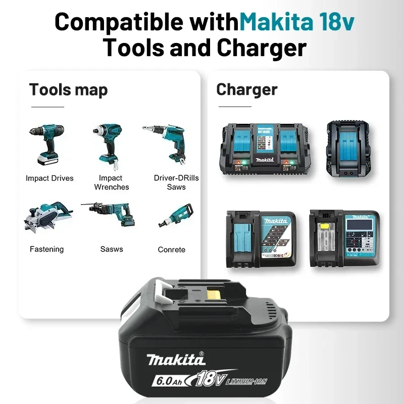 Makita 18V 6.0Ah Rechargeable Battery, suitable for Makita BL1840 BL1830 BL1830B BL1850 BL1850B Power Tool Original Battery