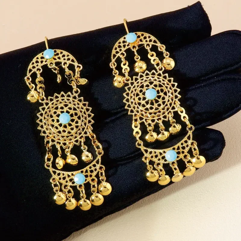 KDE Ethiopian Drop Earrings for Women Gold Color Cubic Zirconia Middle Eastern Fashion Jewelry Chain Moon Long Dangle Earring