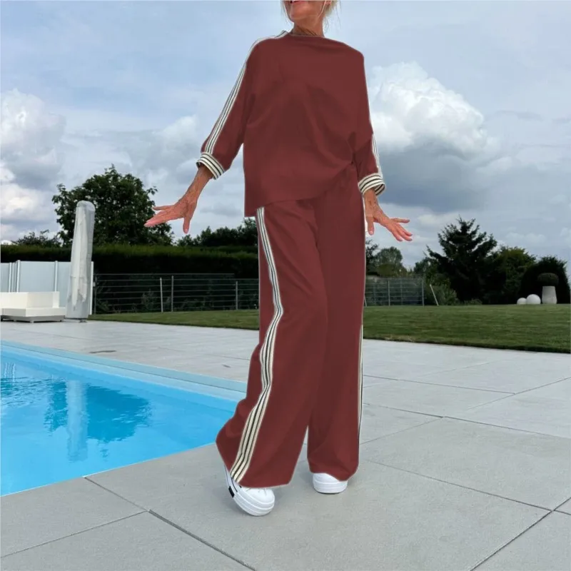 Traje deportivo de béisbol holgado informal para mujer, Tops y pantalones con estampado a rayas, conjuntos de dos piezas, trajes de pantalones registradores de otoño