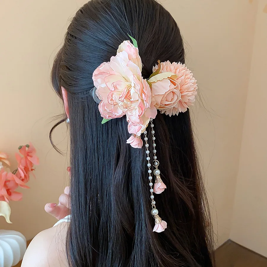 Exquisite Pink Fabrci Flower Hair Clips for Women's Sweet Long Tassel Hairpins Imitation Pearl Cheongsam Barrettes for Lover W image 3
