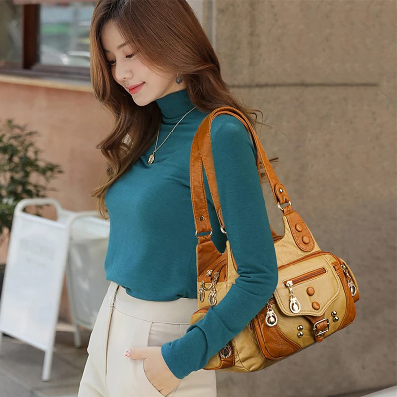 Ladies Tote Soft Leather Large Capacity Multilayer Shoulder Crossbody Bag Ladies Vintage Fashion Clash Color Bags