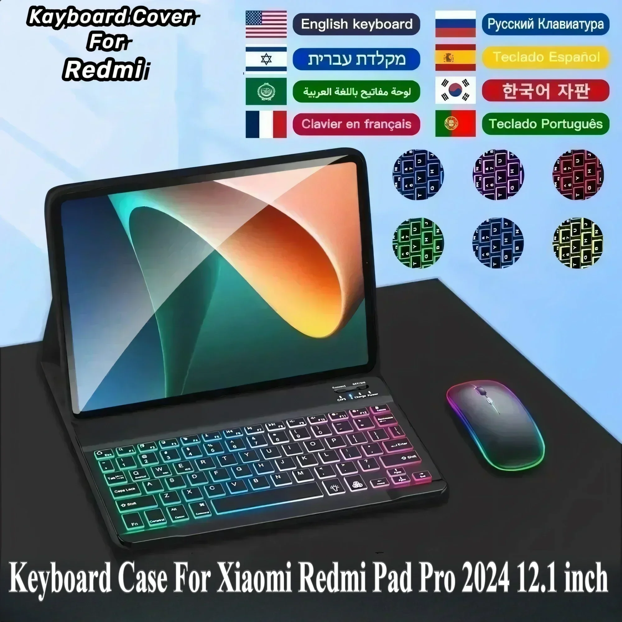 

【Multilingual】mouse & 12 " Backlit Keyboard Case for Xiaomi Redmi Pad Pro 2024 12.1 Inch Funda Keyboard Shockproof Tablet Cover