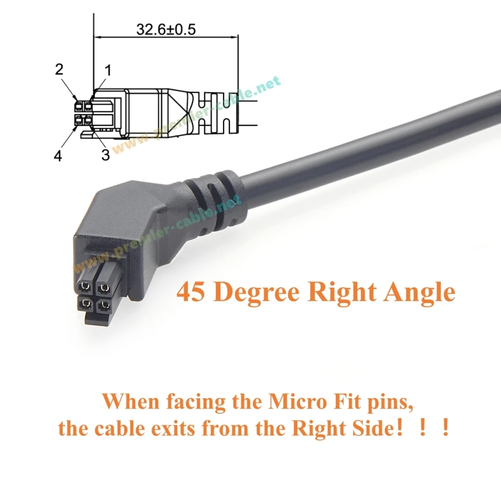 Right Angle Micro-Fit 3.0mm 4 Pin OTS Cable Assembly 45 Degree Micro Fit Power & Signal Cable 5A 300V 20AWG