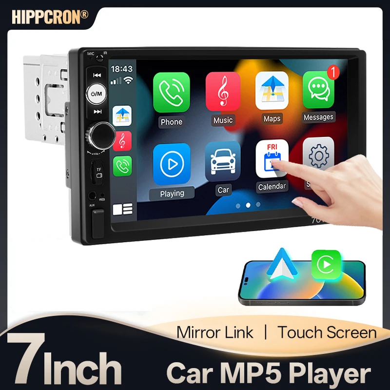 Hippcron 1-DIN-Autoradio, MP5-Multimedia-Player, 7-Zoll-Touchscreen, kabelgebundenes CarPlay, Android Auto, Bluetooth, FM-Empfänger, AUX-Eingang
