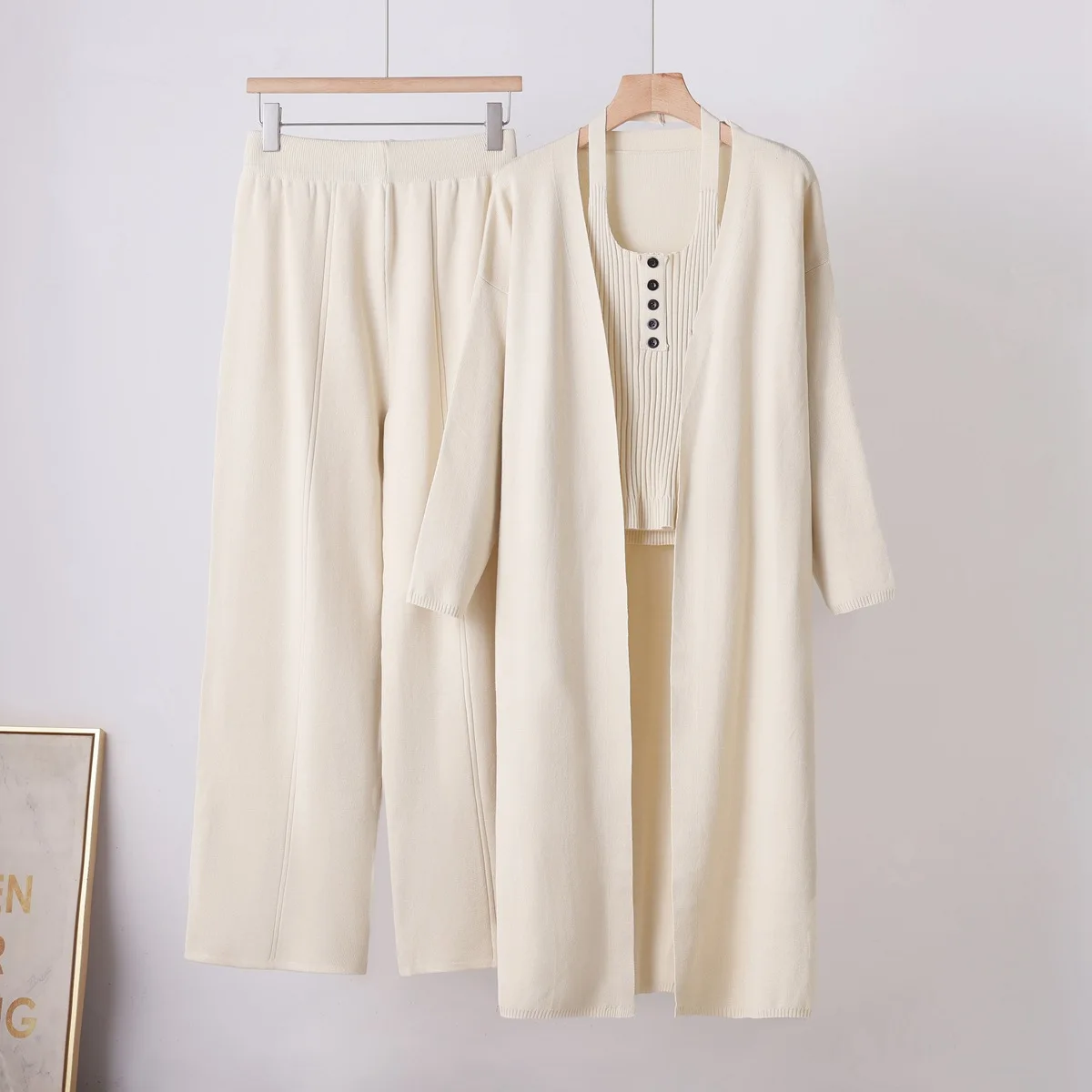 Europe, America, Women's Autumn And Winter New Slim-fitting And Thin Knitted Cardigan, Sling Vest, Wide-leg Pants, Knitted Three