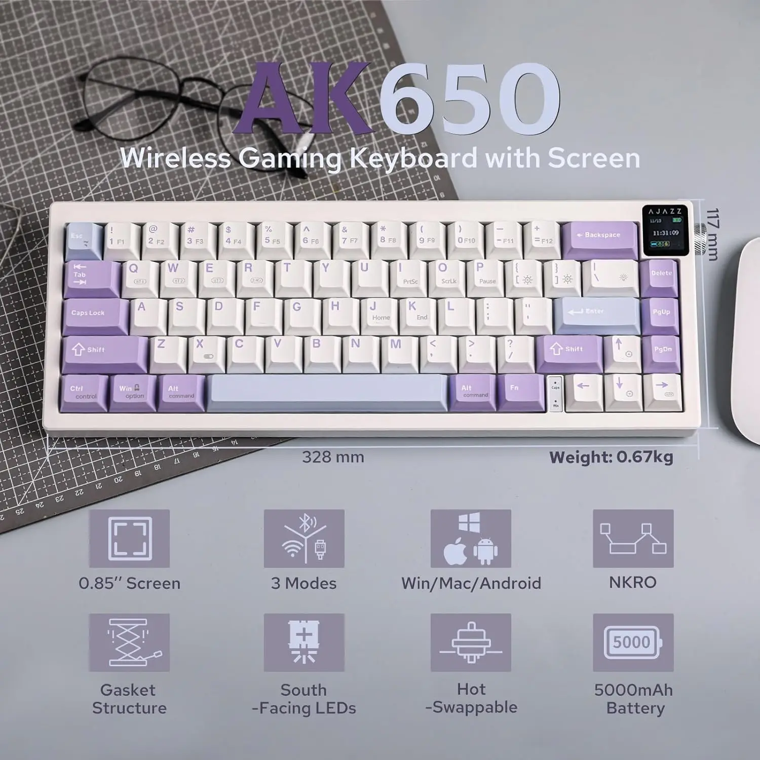 AK650 3-Mode Wireless Mechanical Keyboard, 65% Layout, RGB, Screen, Volume Knob, 5000mAh Battery