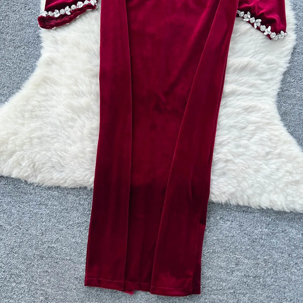 فستان أنيق أنيق بأكمام طويلة من القطيفة فساتين حفلات الموضة الكورية ملابس نسائية