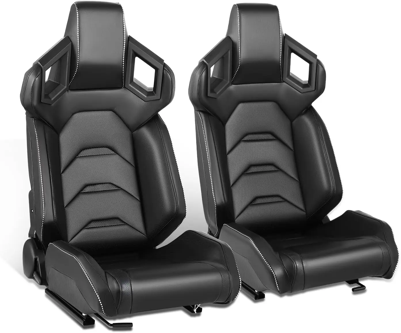 2PCS Racing Bucket Seats with Adjustable Recline & Dual Rails, Compatible with 4 Point Harness, PVC Leather/Black Carbon Looking