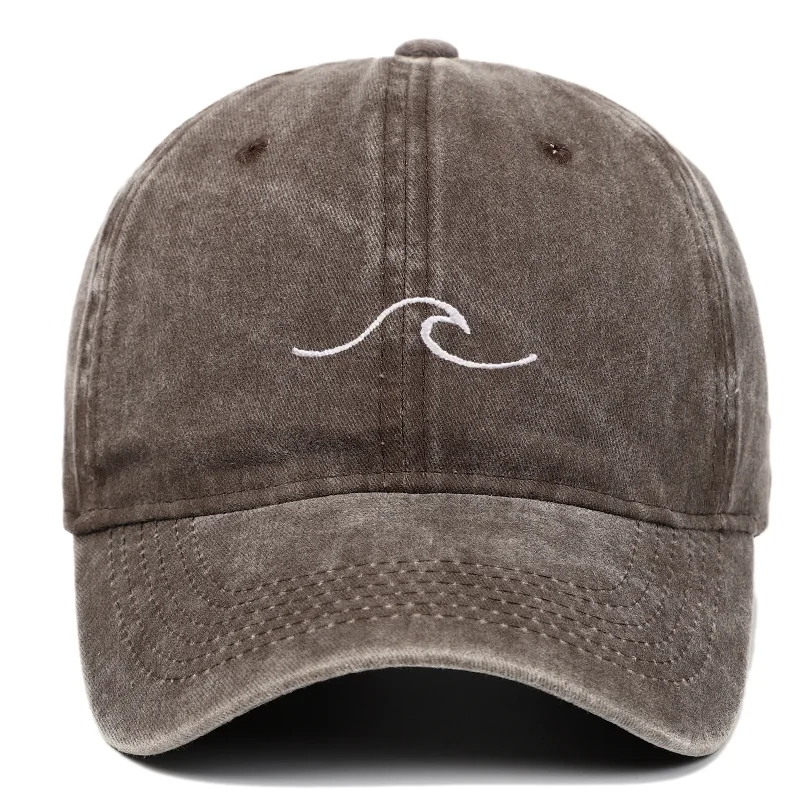Wave Pattern Embroidered Baseball Cap Solid Color Washed Retro Dad Hat Men Women Hip Hop Sun Hat Outdoor Travel Sports Casual Ad