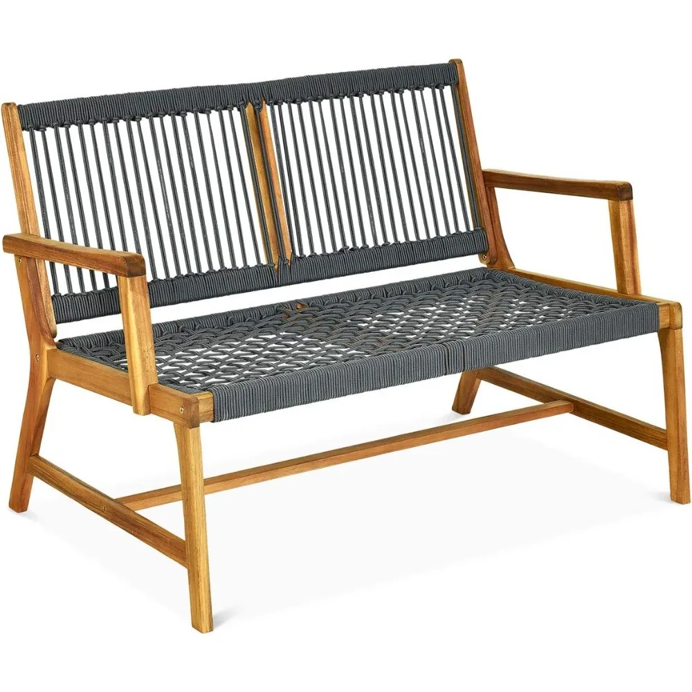 

2-Person Patio Acacia Wood Bench Loveseat, Outdoor Patio Rope Bench in Teak Oil Finish, for Balcony Deck Poolside Porch (Grey)
