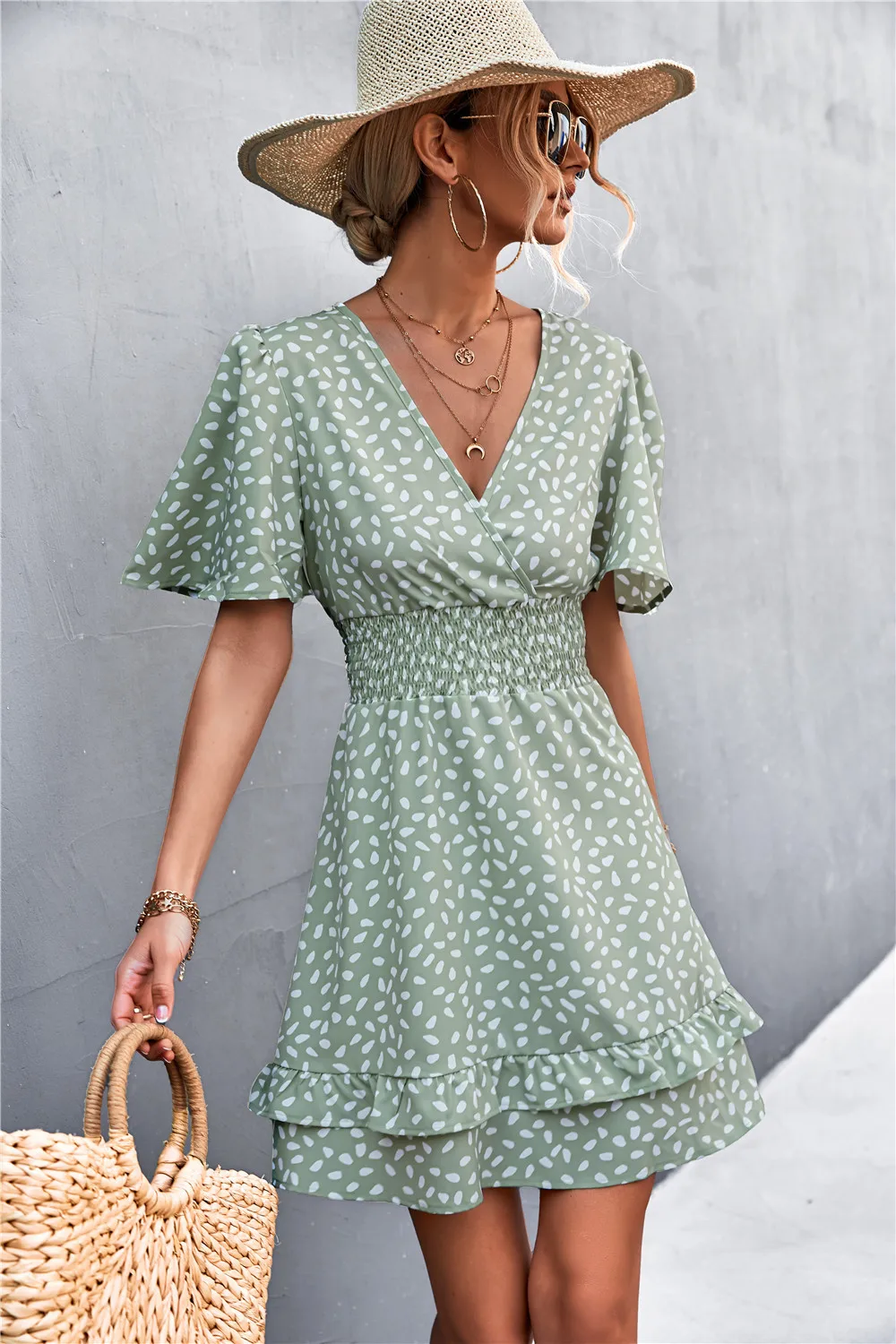 Women Dot Pattern Dress V-neck Ruffle Sleeve Dress Casual Street Sexy Style Dress Waist Wrap Dress Women Summer Dress