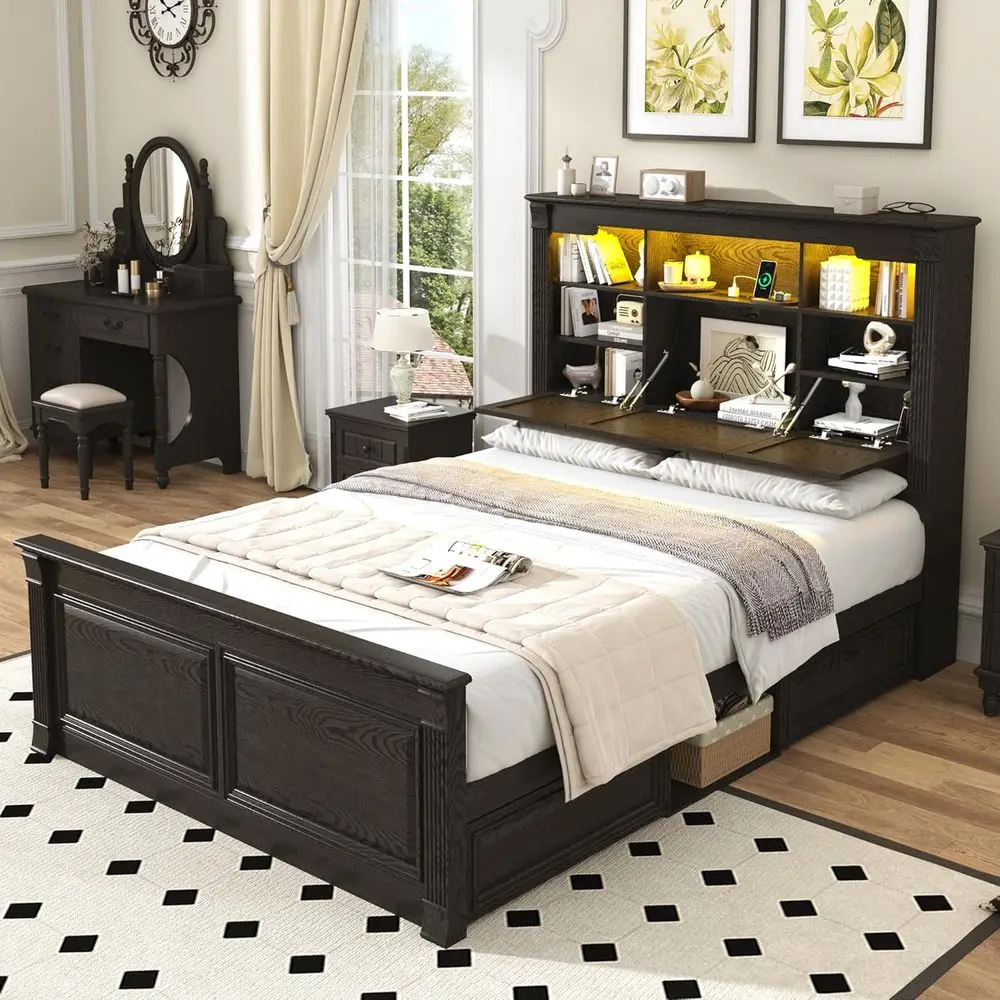 

armhouse Queen Size Bed e with 55" Tall Storage board & 4 Ders, Wood Column Platorm Bed e with 24" Tall ootboard, LED Light, Cha