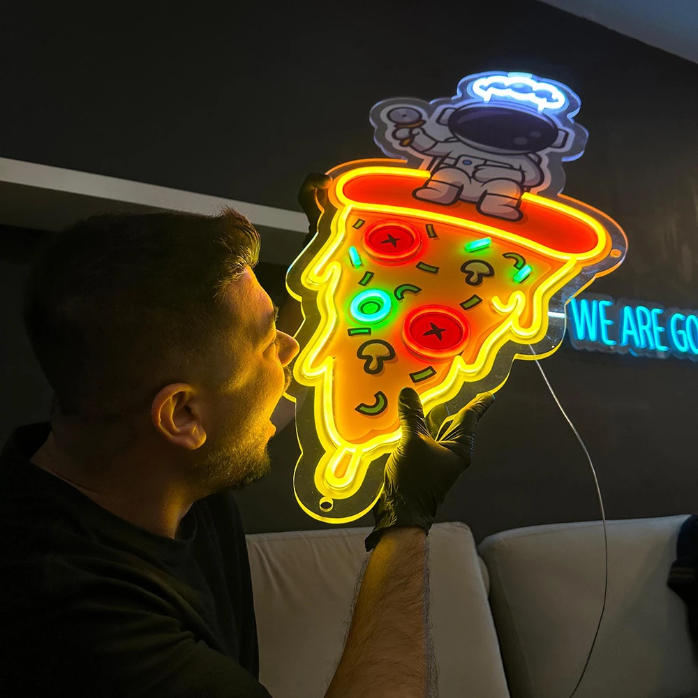 Astronaut Chef Holding Pizza Cutter on Pizza Led Neon Light Sign Restaurant Food Shop Decor Neon Signs Pizza Shop Decoration