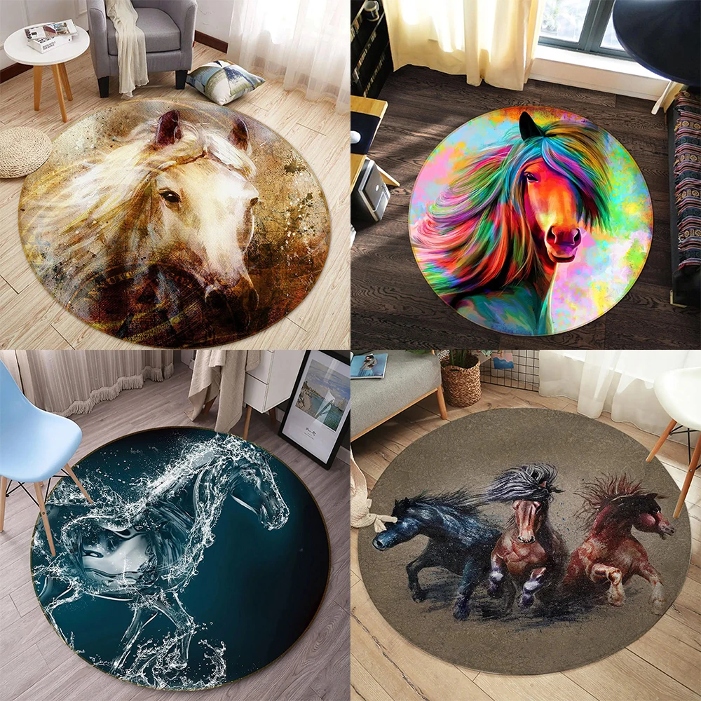 White horse animal pattern round sponge carpet home decoration bedroom anti-slip mat living room bathroom absorbent floor mat