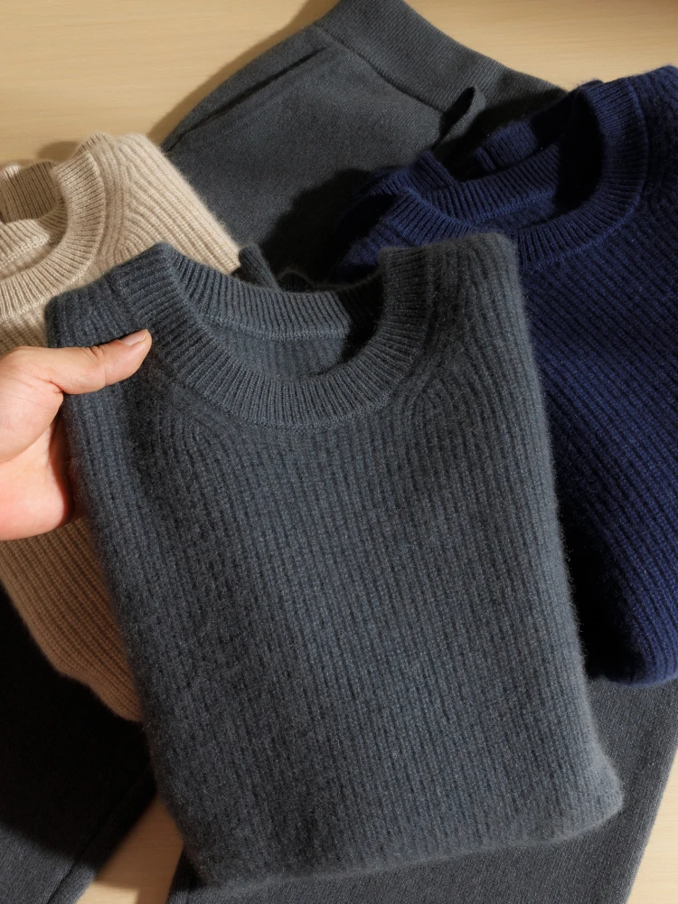 メンズ用100％ピュアカシミヤセーター、インゴットニードル厚手、ラウンドネック、長袖プルオーバー、長袖セーター