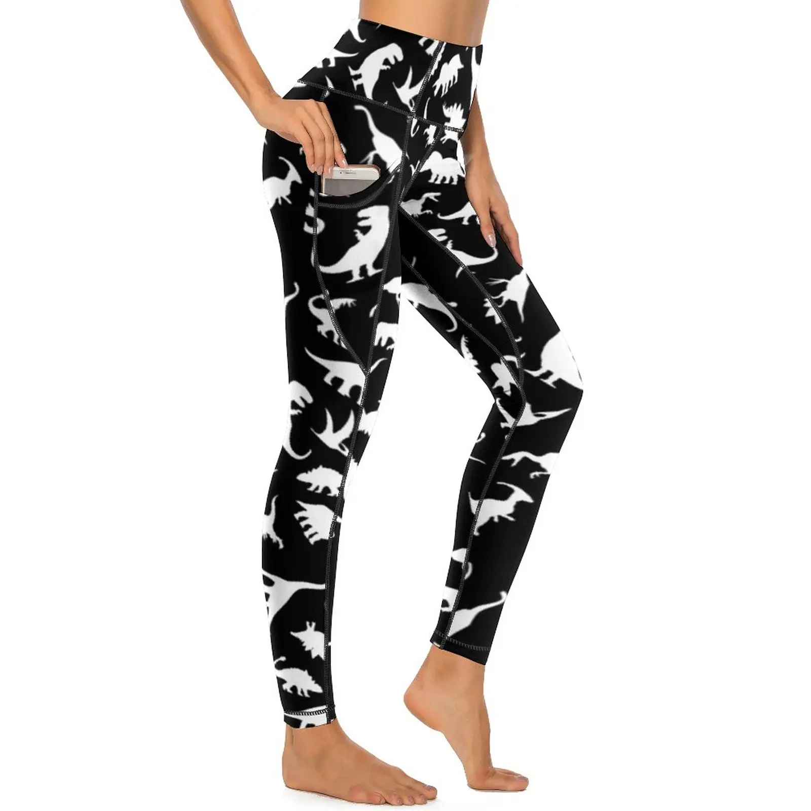 Fun Dinosaurs Leggings Sexy White on Black Graphic Dino Fitness Yoga Pants Push Up Stretchy Sport Legging Vintage Design Leggins