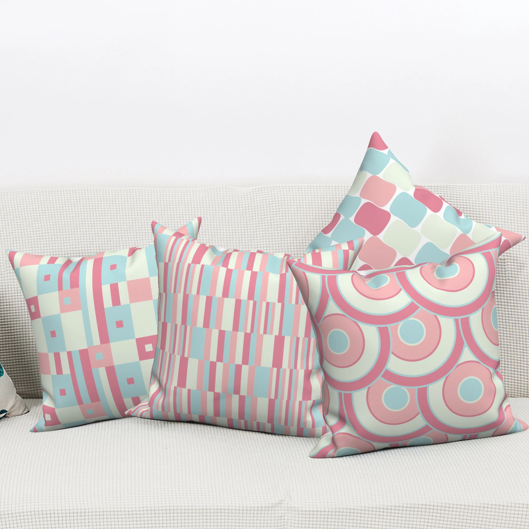 Geometric Decorative Pillow Covers Pastel Pink Blue Retro Print Cushion Cases Mid-Century Modern Throw Pillows for Home Decor