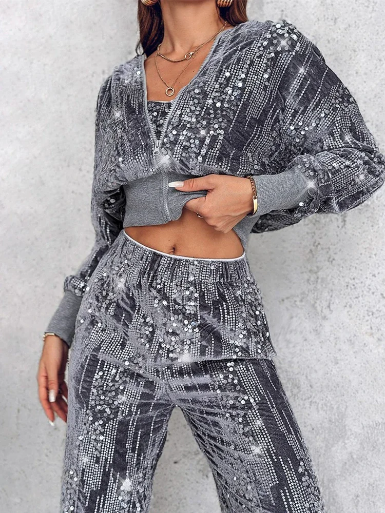 3PCS Velvet Contrast Sequin Bandeau Top & Pocket Design Pants Set with Hooded Sweatshirt