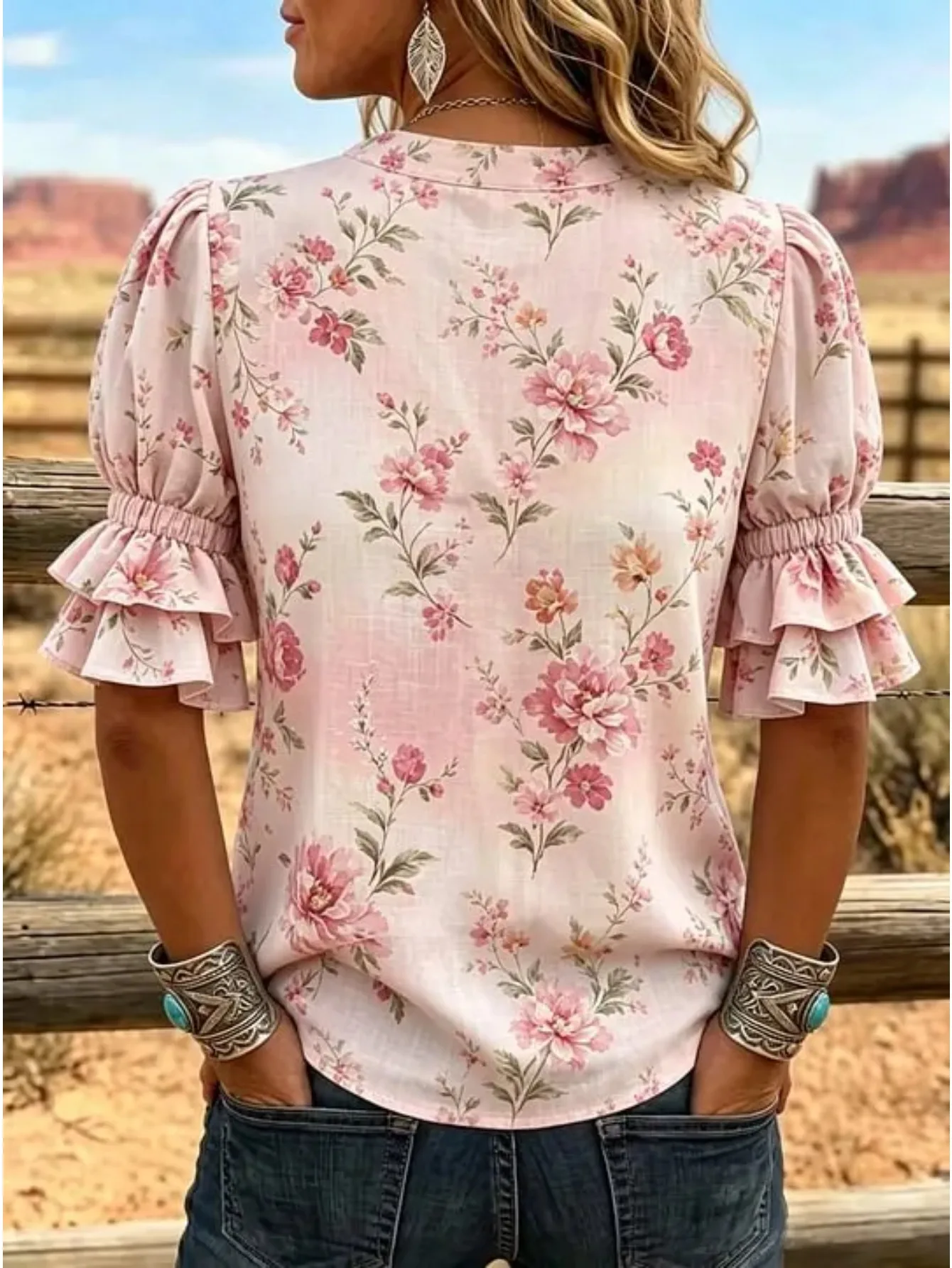 Women Ombre Peony Floral Blouse Split V Neck Half Button Puff Short Sleeve Western Cowgirl Casual Top