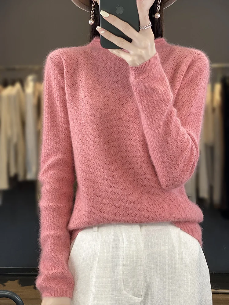 2024 Autumn Winter Women 100% mink cashmere Sweater Curl O- Neck Pullover Hollow Out Soft Casual Jumper Female Knitwear Clothing