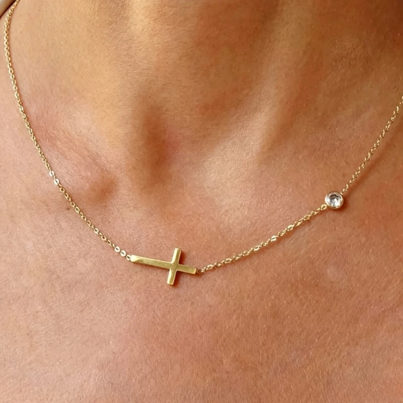 Simple Cross Necklace Stainless Steel Inlaid with Zircon Fashionable Hip-hop Versatile and Non-fading The First Choice for Gifts