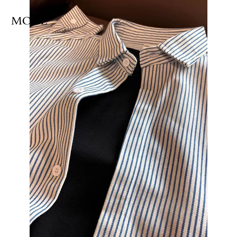 

Blue and white striped shirt, spring and autumn men's Japanese retro layered shirt, loose and versatile couple lapel jacket