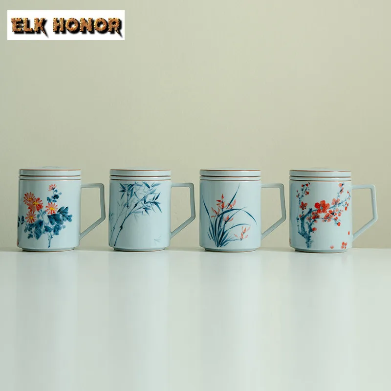 

500ml Hand-painted Flowers Bamboo Filter Tea Separator Cup Aesthetic Tea Mug With Infuser Tea Making Office Water Cup Ornaments
