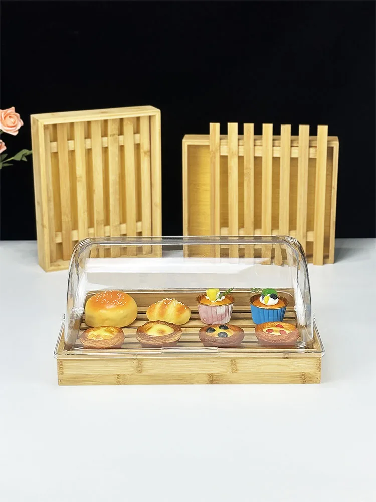 Rectangle bamboo and wood display tray with dust cover flip cover bread cake snack tray
