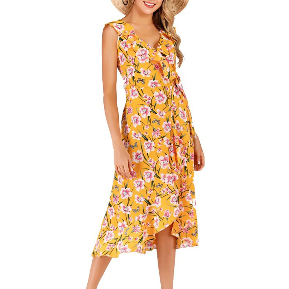 Phantasy-vestido bohemio Floral para mujer, ropa de verano informal sin mangas, con cuello de pico, color amarillo, para vacaciones